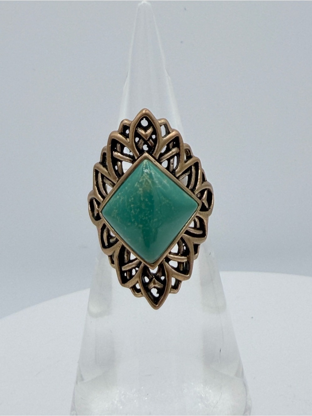 BARSE Thailand Open Fretwork Green Turquoise Bronze/Brass Ring Woman’s Jewelry
